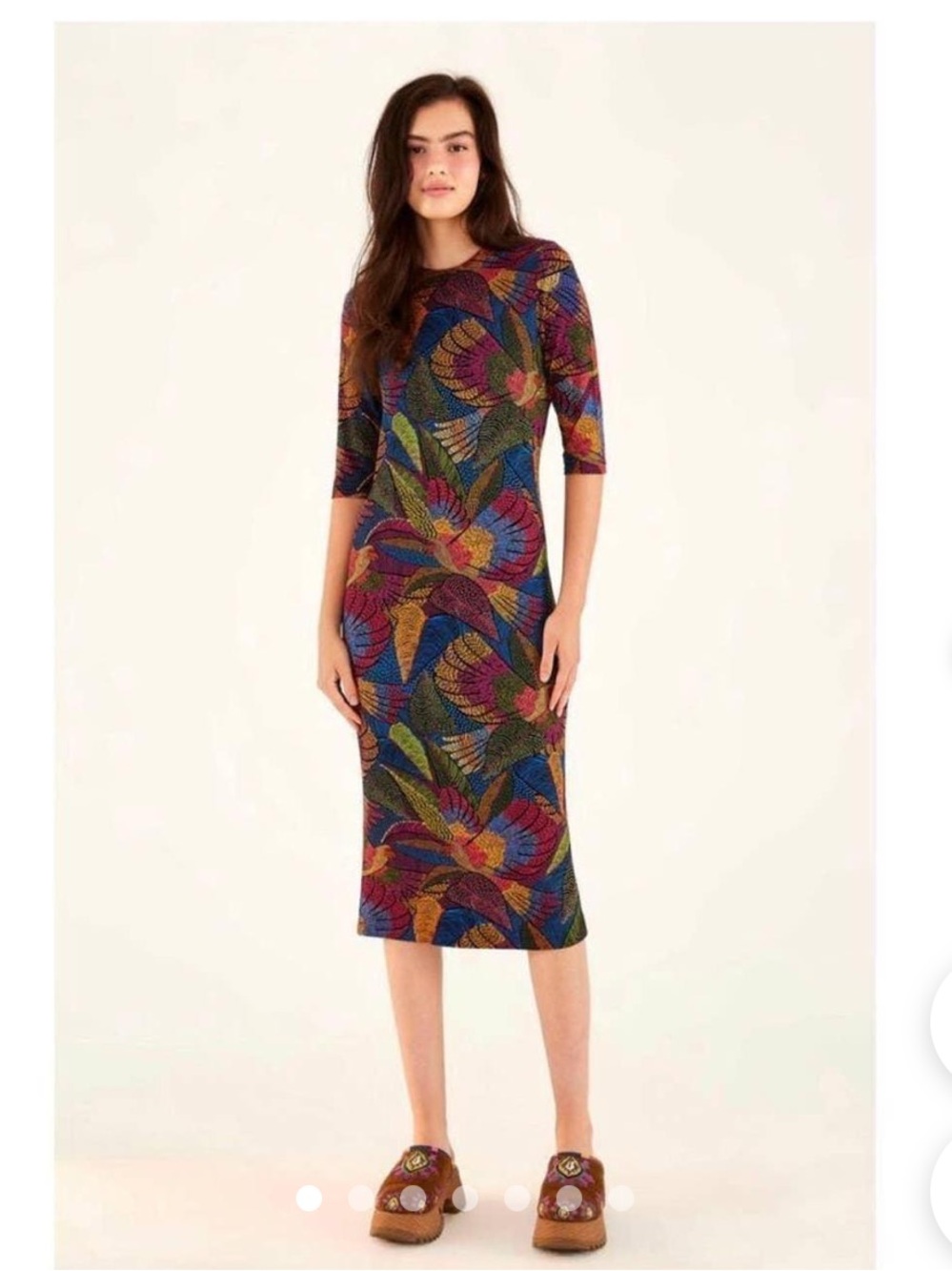 🦜✨ Farm Rio Dotted Macaws Fitted Jersey Midi Dress – Size Small ✨🦜